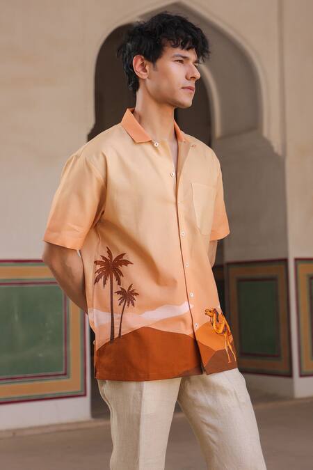 Shop_Raw & Rustic By Niti Bothra_Rust Linen, Cotton, Tencel Embroidery Camel Cuban Collar Shirt _Online_at_Aza_Fashions