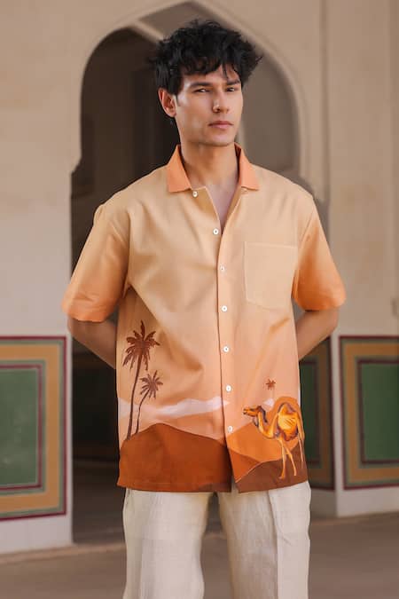 Raw & Rustic by Niti Bothra Rust Camel Embroidered Cuban Collar Shirt 