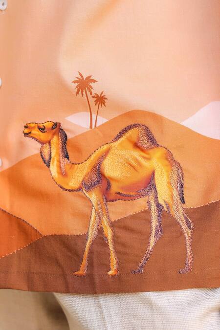 Raw & Rustic By Niti Bothra_Rust Linen, Cotton, Tencel Embroidery Camel Cuban Collar Shirt _at_Aza_Fashions