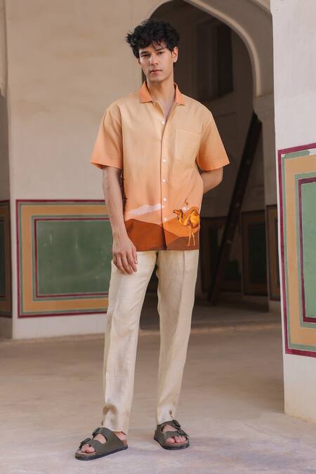 Buy_Raw & Rustic By Niti Bothra_Rust Linen, Cotton, Tencel Embroidery Camel Cuban Collar Shirt 