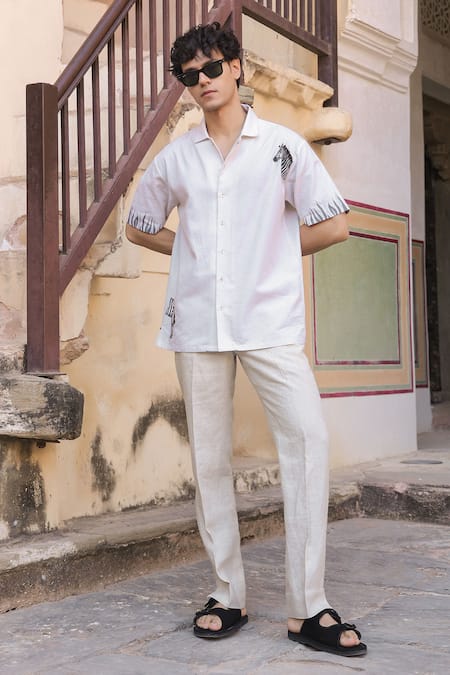 Raw & Rustic By Niti Bothra_Ivory Cotton, Linen, Tencel Embroidery Zebra Cuban Collar Shirt _Online_at_Aza_Fashions