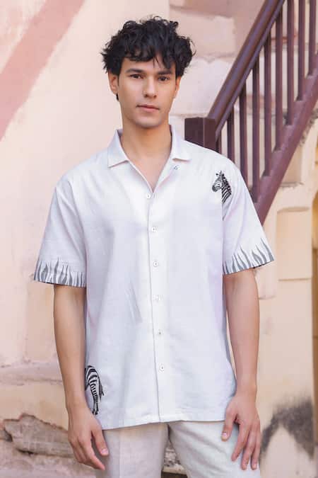 Raw & Rustic by Niti Bothra Ivory Zebra Embroidered Cuban Collar Shirt 