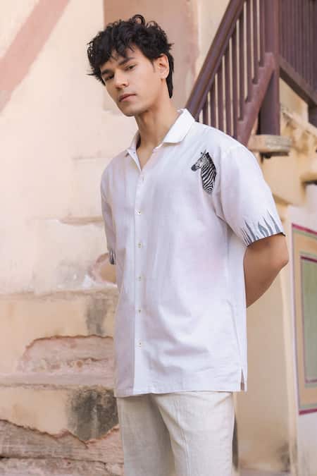 Buy_Raw & Rustic By Niti Bothra_Ivory Cotton, Linen, Tencel Embroidery Zebra Cuban Collar Shirt _Online_at_Aza_Fashions
