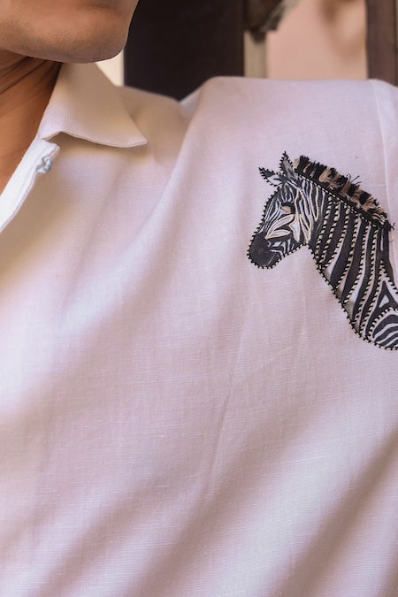 Shop_Raw & Rustic By Niti Bothra_Ivory Cotton, Linen, Tencel Embroidery Zebra Cuban Collar Shirt _Online_at_Aza_Fashions