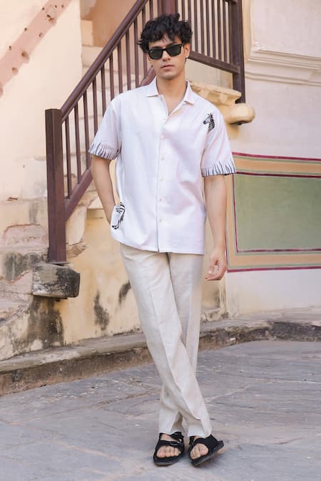 Raw & Rustic By Niti Bothra_Ivory Cotton, Linen, Tencel Embroidery Zebra Cuban Collar Shirt _at_Aza_Fashions