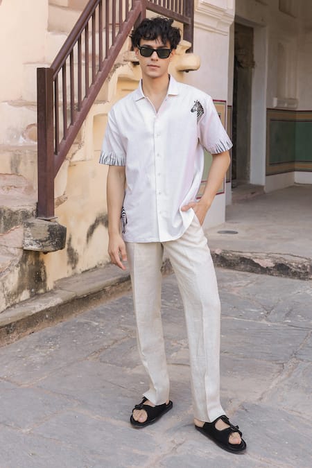 Buy_Raw & Rustic By Niti Bothra_Ivory Cotton, Linen, Tencel Embroidery Zebra Cuban Collar Shirt 