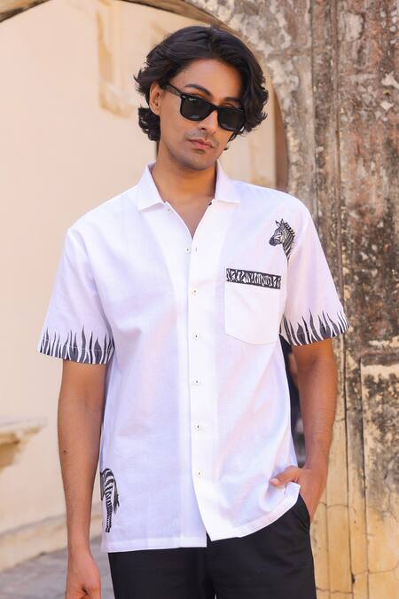 Raw & Rustic By Niti Bothra_White Linen, Cotton, Tencel Embroidery Zebra Cuban Collar Shirt _Online_at_Aza_Fashions