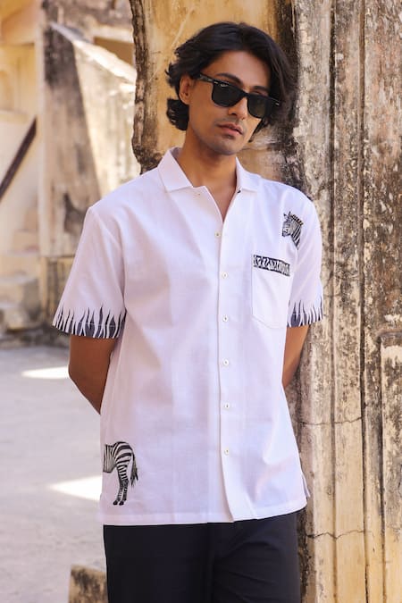 Shop_Raw & Rustic By Niti Bothra_White Linen, Cotton, Tencel Embroidery Zebra Cuban Collar Shirt _at_Aza_Fashions