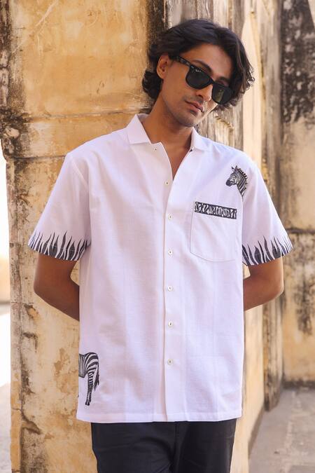 Buy_Raw & Rustic By Niti Bothra_White Linen, Cotton, Tencel Embroidery Zebra Cuban Collar Shirt _Online_at_Aza_Fashions