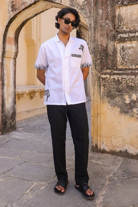 Shop_Raw & Rustic By Niti Bothra_White Linen, Cotton, Tencel Embroidery Zebra Cuban Collar Shirt _Online_at_Aza_Fashions