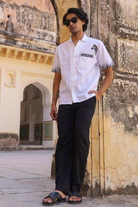 Raw & Rustic By Niti Bothra_White Linen, Cotton, Tencel Embroidery Zebra Cuban Collar Shirt _at_Aza_Fashions