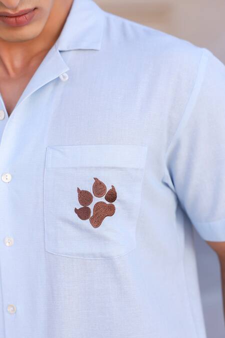 Raw & Rustic By Niti Bothra_Blue Linen, Cotton, Tencel Embroidery Light Leopard Cuban Shirt _Online_at_Aza_Fashions