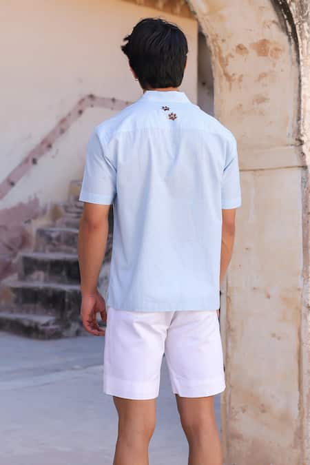 Raw & Rustic By Niti Bothra Light Blue Leopard Embroidered Cuban Shirt 