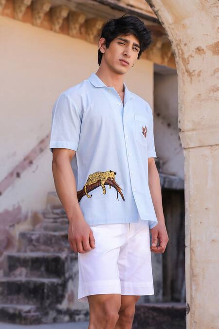 Buy_Raw & Rustic By Niti Bothra_Blue Linen, Cotton, Tencel Embroidery Light Leopard Cuban Shirt _Online_at_Aza_Fashions