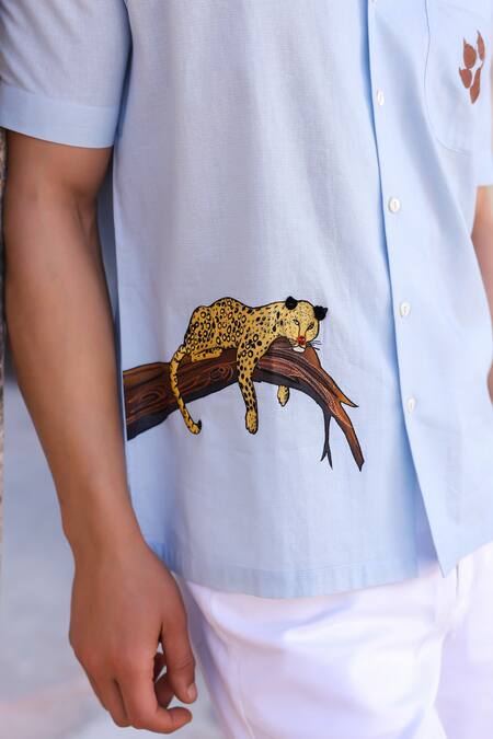 Raw & Rustic By Niti Bothra_Blue Linen, Cotton, Tencel Embroidery Light Leopard Cuban Shirt _at_Aza_Fashions