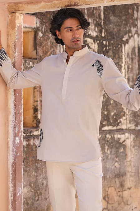 Raw & Rustic By Niti Bothra_Ivory Linen, Tencel, Cotton Embroidery Zebra Shirt Kurta _Online_at_Aza_Fashions
