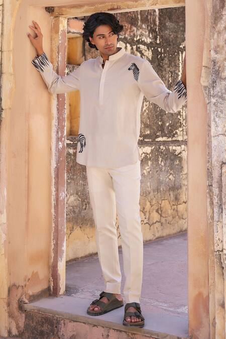 Shop_Raw & Rustic By Niti Bothra_Ivory Linen, Tencel, Cotton Embroidery Zebra Shirt Kurta _Online_at_Aza_Fashions