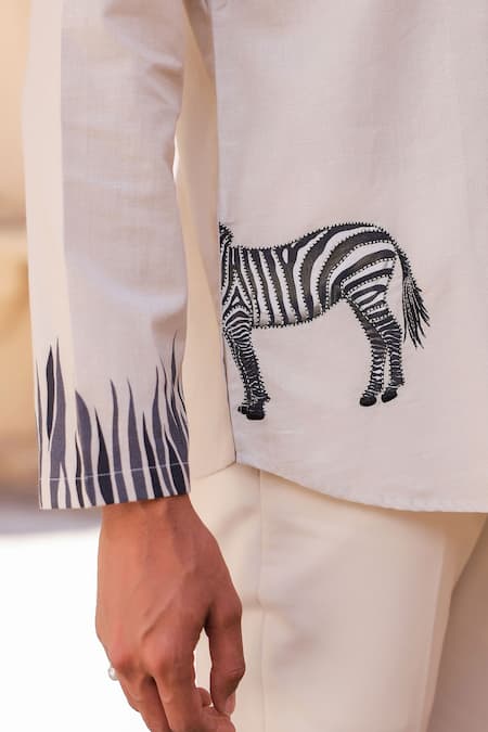Buy_Raw & Rustic By Niti Bothra_Ivory Linen, Tencel, Cotton Embroidery Zebra Shirt Kurta 