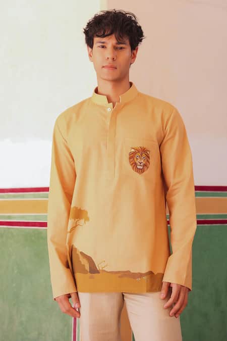 Raw & Rustic by Niti Bothra Mustard Lion Embroidered Shirt Kurta 