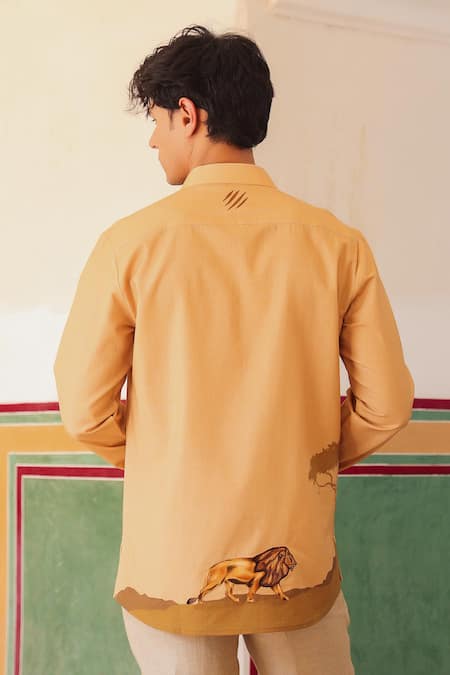 Raw & Rustic By Niti Bothra Mustard Lion Embroidered Shirt Kurta 