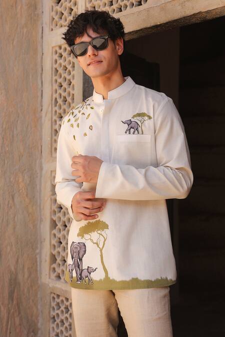 Raw & Rustic By Niti Bothra_Ivory Linen, Tencel, Cotton Embroidery Elephant Kurta _Online_at_Aza_Fashions
