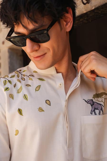 Shop_Raw & Rustic By Niti Bothra_Ivory Linen, Tencel, Cotton Embroidery Elephant Kurta _Online_at_Aza_Fashions