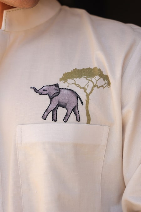 Raw & Rustic By Niti Bothra_Ivory Linen, Tencel, Cotton Embroidery Elephant Kurta _at_Aza_Fashions