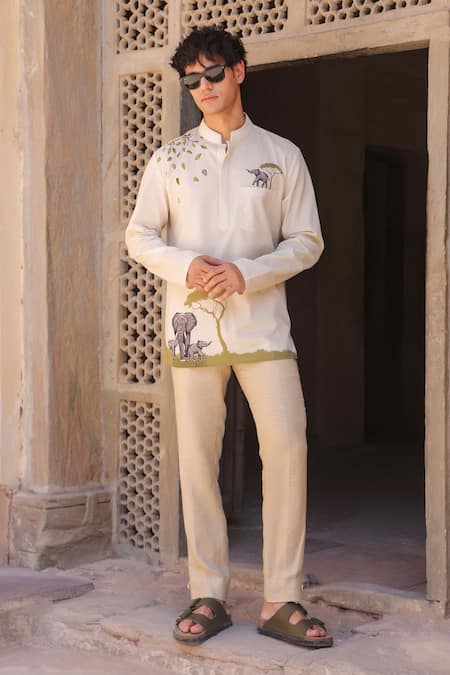Buy_Raw & Rustic By Niti Bothra_Ivory Linen, Tencel, Cotton Embroidery Elephant Kurta 