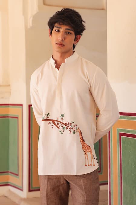 Raw & Rustic By Niti Bothra_Yellow Linen, Cotton, Tencel Embroidery Giraffe Short Kurta _Online_at_Aza_Fashions
