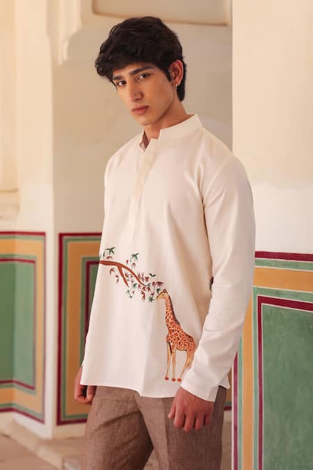 Buy_Raw & Rustic By Niti Bothra_Yellow Linen, Cotton, Tencel Embroidery Giraffe Short Kurta _Online_at_Aza_Fashions