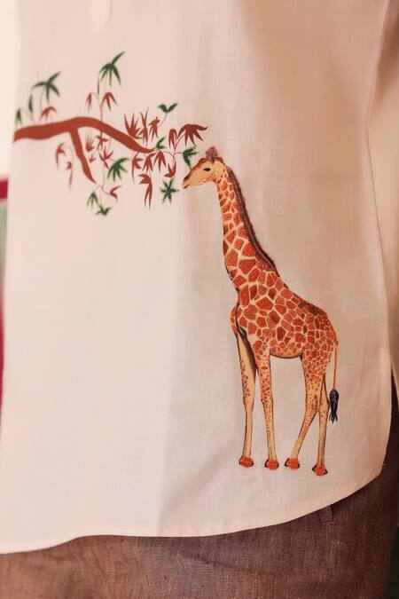Shop_Raw & Rustic By Niti Bothra_Yellow Linen, Cotton, Tencel Embroidery Giraffe Short Kurta _Online_at_Aza_Fashions