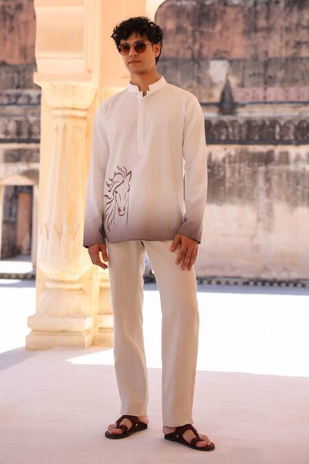Raw & Rustic By Niti Bothra_White Linen, Cotton, Tencel Embroidery Horse Short Kurta _Online_at_Aza_Fashions