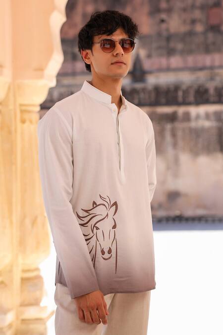 Buy_Raw & Rustic By Niti Bothra_White Linen, Cotton, Tencel Embroidery Horse Short Kurta _Online_at_Aza_Fashions