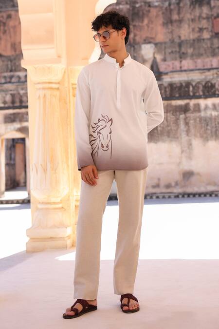 Shop_Raw & Rustic By Niti Bothra_White Linen, Cotton, Tencel Embroidery Horse Short Kurta _Online_at_Aza_Fashions