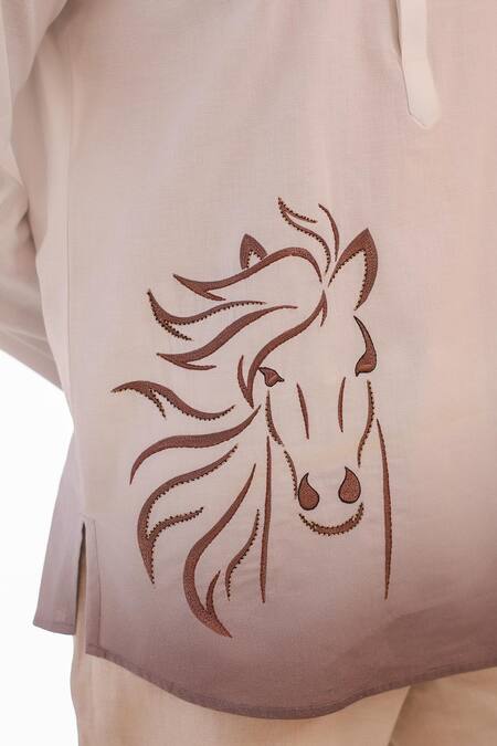 Raw & Rustic By Niti Bothra_White Linen, Cotton, Tencel Embroidery Horse Short Kurta _at_Aza_Fashions