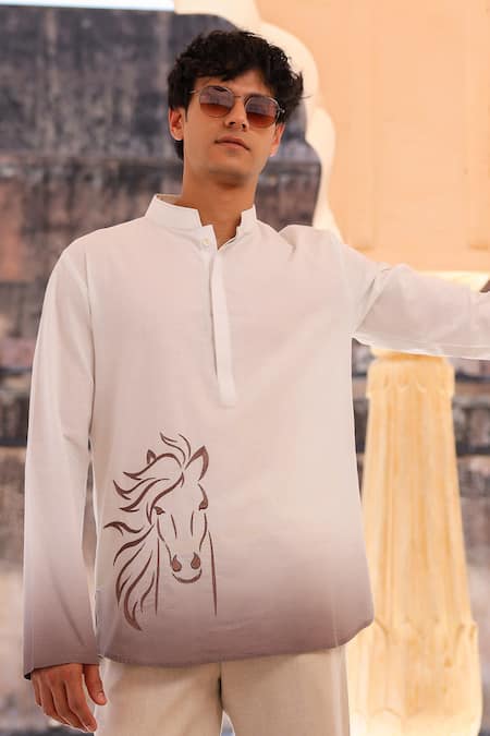 Buy_Raw & Rustic By Niti Bothra_White Linen, Cotton, Tencel Embroidery Horse Short Kurta 