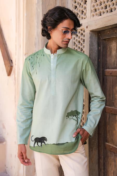 Raw & Rustic by Niti Bothra Green Panther Embroidered Kurta 