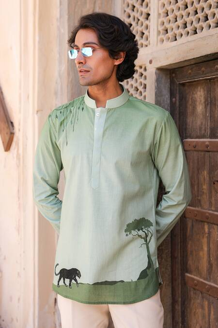 Raw & Rustic By Niti Bothra_Green Linen, Tencel, Cotton Embroidery Panther Kurta _Online_at_Aza_Fashions