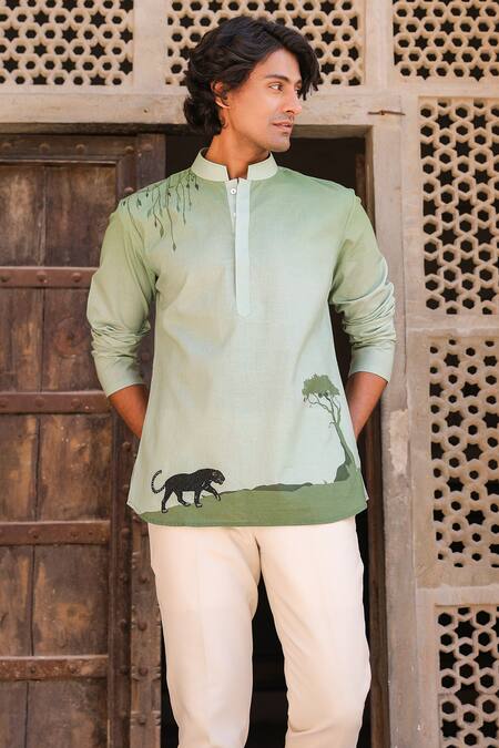Shop_Raw & Rustic By Niti Bothra_Green Linen, Tencel, Cotton Embroidery Panther Kurta _Online_at_Aza_Fashions