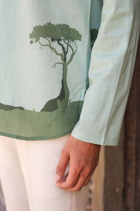 Raw & Rustic By Niti Bothra_Green Linen, Tencel, Cotton Embroidery Panther Kurta _at_Aza_Fashions