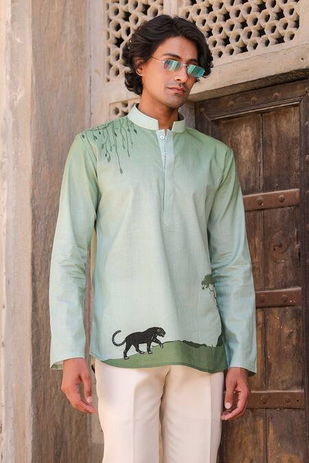 Buy_Raw & Rustic By Niti Bothra_Green Linen, Tencel, Cotton Embroidery Panther Kurta 