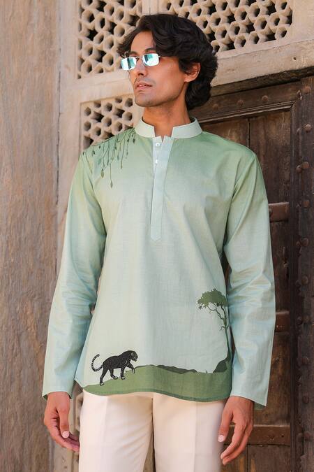 Shop_Raw & Rustic By Niti Bothra_Green Linen, Tencel, Cotton Embroidery Panther Kurta 