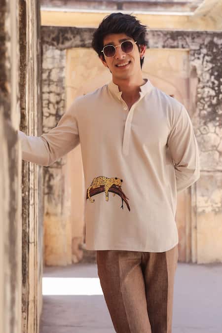 Raw & Rustic By Niti Bothra_Ivory Linen, Cotton, Tencel Embroidery Leopard Shirt Kurta _Online_at_Aza_Fashions