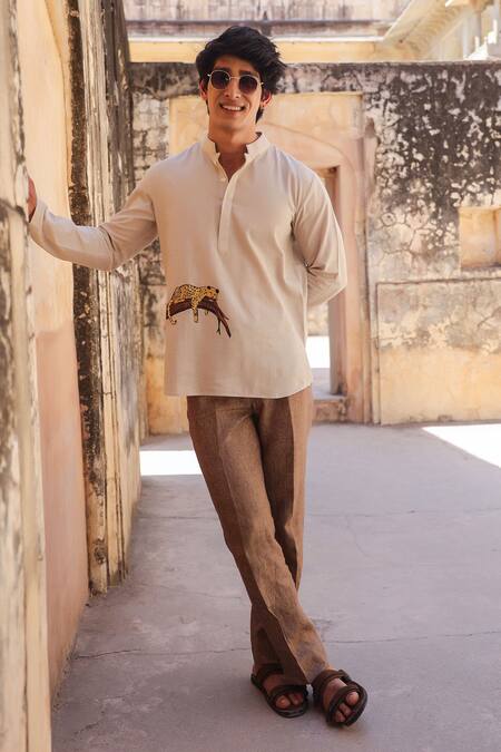 Buy_Raw & Rustic By Niti Bothra_Ivory Linen, Cotton, Tencel Embroidery Leopard Shirt Kurta _Online_at_Aza_Fashions