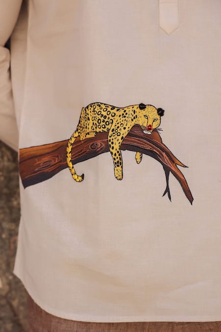 Raw & Rustic By Niti Bothra_Ivory Linen, Cotton, Tencel Embroidery Leopard Shirt Kurta _at_Aza_Fashions
