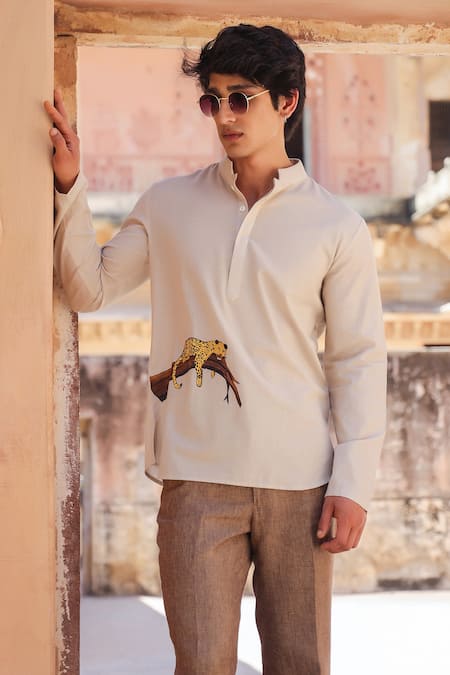 Buy_Raw & Rustic By Niti Bothra_Ivory Linen, Cotton, Tencel Embroidery Leopard Shirt Kurta 