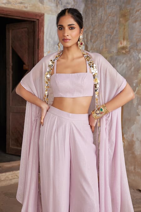 Buy_Etasha By Asha Jain_Mauve Georgette Square Neck Cape And Palazzo Set _Online_at_Aza_Fashions