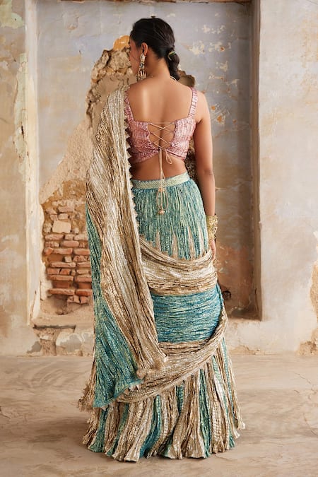 Etasha By Asha Jain Turquoise Copper Pre-Draped Saree & Blouse Set 