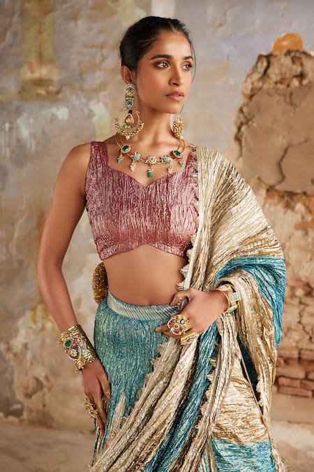 Etasha By Asha Jain Turquoise Tissue Sweetheart Neck Copper Pre-draped Saree And Blouse Set Online at Aza Fashions Etasha By Asha Jain_Turquoise Tissue Sweetheart Neck Copper Pre-draped Saree And Blouse Set _Online_at_Aza_Fashions