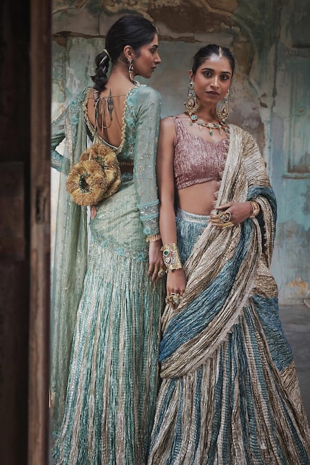 Buy Etasha By Asha Jain Turquoise Tissue Sweetheart Neck Copper Pre-draped Saree And Blouse Set Online at Aza Fashions Buy_Etasha By Asha Jain_Turquoise Tissue Sweetheart Neck Copper Pre-draped Saree And Blouse Set _Online_at_Aza_Fashions